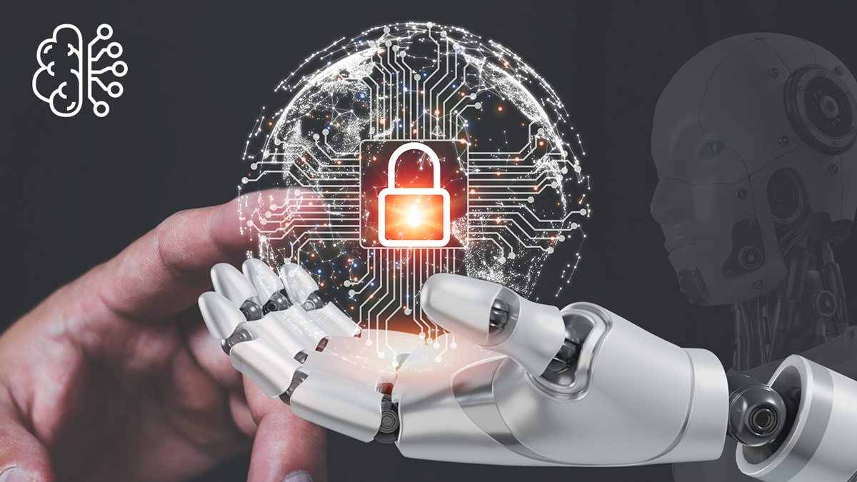 Roboter Hand und Menschenhand mit Sicherheitsschloss
