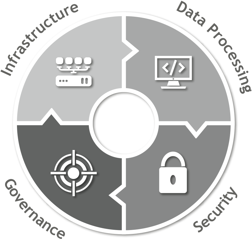 qSkills 4 Key topics arranged in a circle with corresponding icons for “Infrastructure,” “Data Processing,” “Security,” and “Governance.”