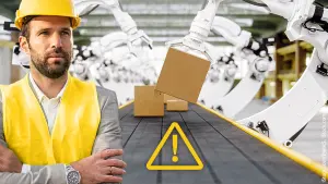Automatisiertes Lager mit Roboterarmen + Serious Engineer schaut in die Kamera