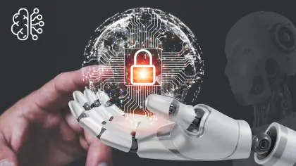 Roboter Hand und Menschenhand mit Sicherheitsschloss