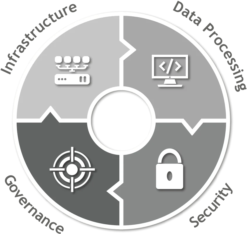 qSkills 4 Key topics arranged in a circle with corresponding icons for “Infrastructure,” “Data Processing,” “Security,” and “Governance.”