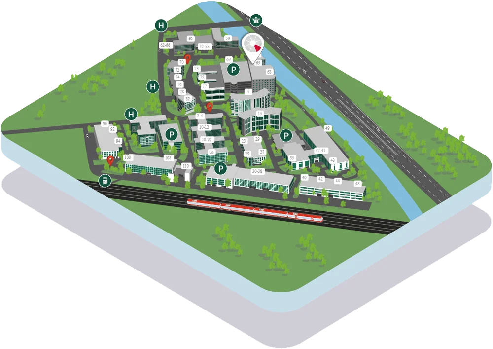 3D oblique map showing all buildings in Südwestpark Business Nuremberg, including parking garages, the A73 motorway, the railway line, the Main-Donau-Canal, and training provider qSkills in Building 65.